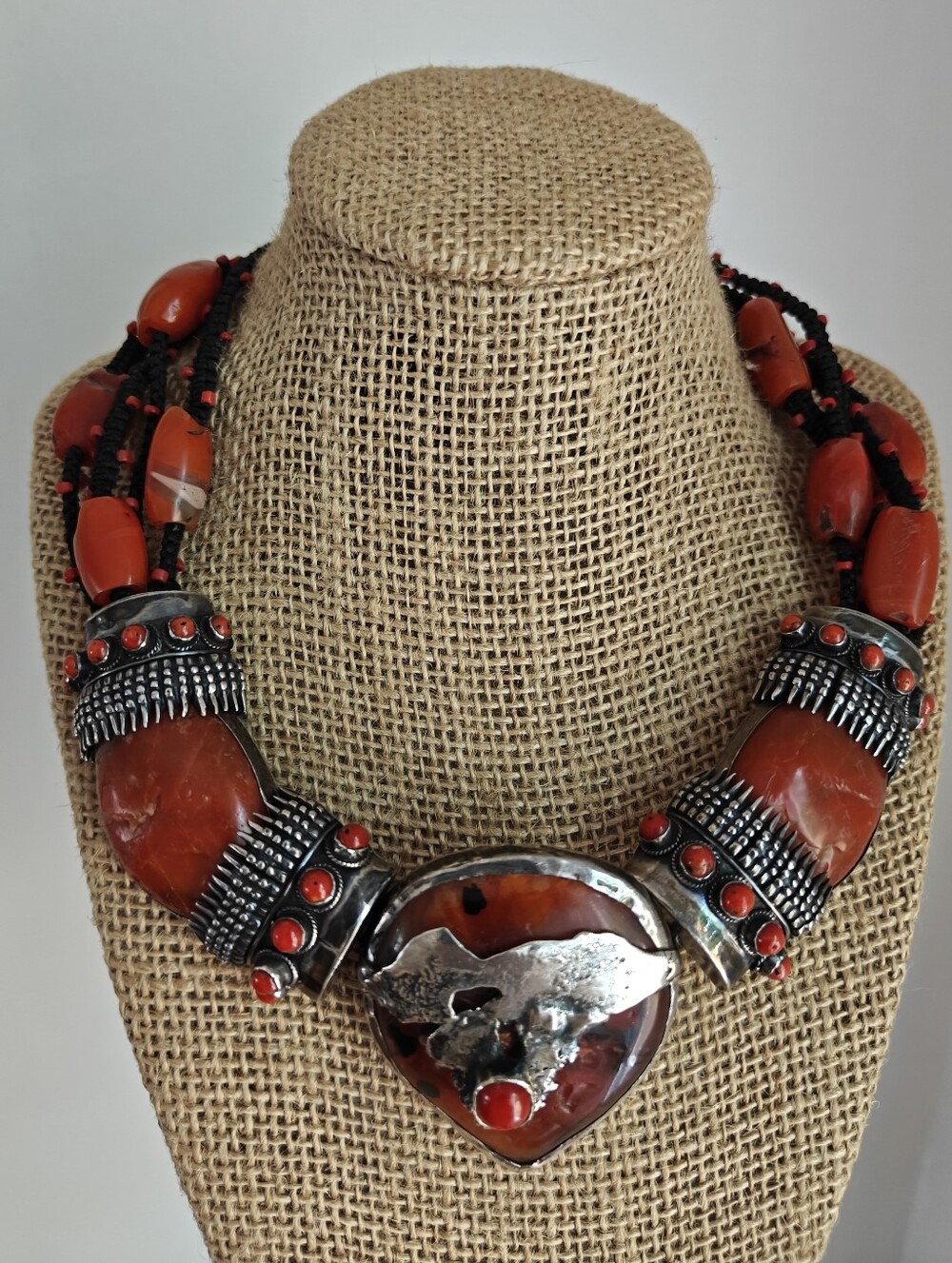 OOAK Eileen Coyne Sterling Silver, Carnelian & Genuine Coral Necklace